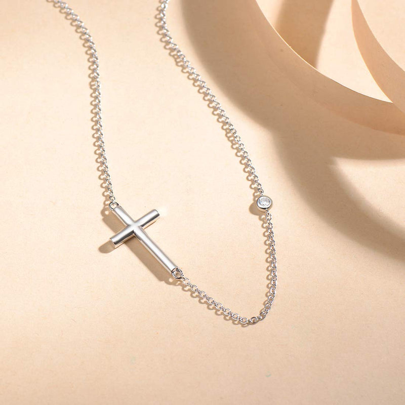 [Australia] - FANCIME White Gold Plated 925 Sterling Silver High Polished Horizontal Plain Sideways Cross Crucifix Pendant Necklace Fine Jewelry For Women Girls, 16" + 2" Silver with CZ 