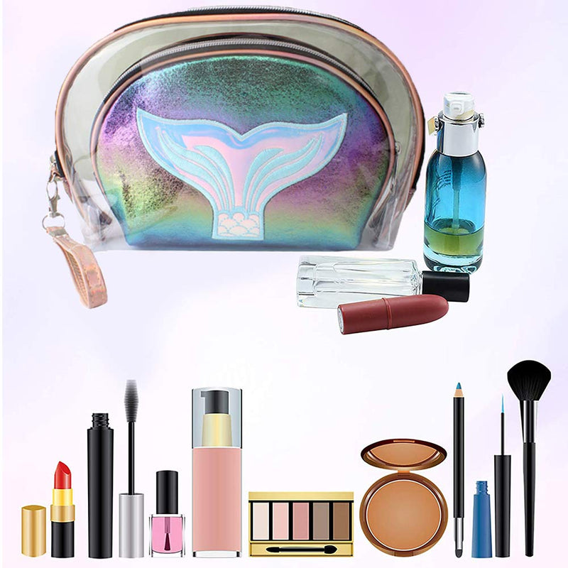 [Australia] - Cosmetic Bag Set Holographic Makeup Bag For Women Toiletry Travel Bag Makeup Organizer Cosmetic Bag For Girls Zippered Pouch Set Large Medium (Includes 1 Fishtail Keychain) 
