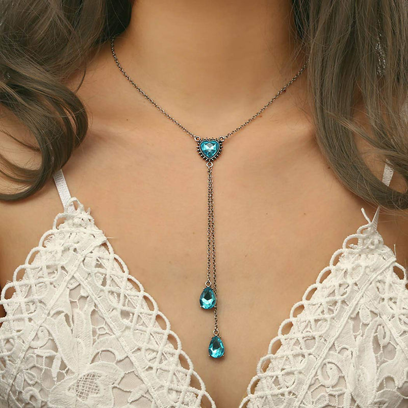 [Australia] - Funyrich Boho Crystal Necklace Sliver Blue Gemstone Pendant Necklaces Chain Ocean Heart Pendant Necklace Jewelry for Women and Girls 