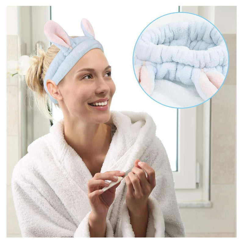 [Australia] - Luxspire 2 PACK Wash Headband, Easter Bunny SPA Skin Care Hairlace, Short Plush Facial Head Wrap, Elastic Cute Rabbit Ear Makeup Washing Face Hair Bands Hair Accessories for Girls Women, Pink & Blue 
