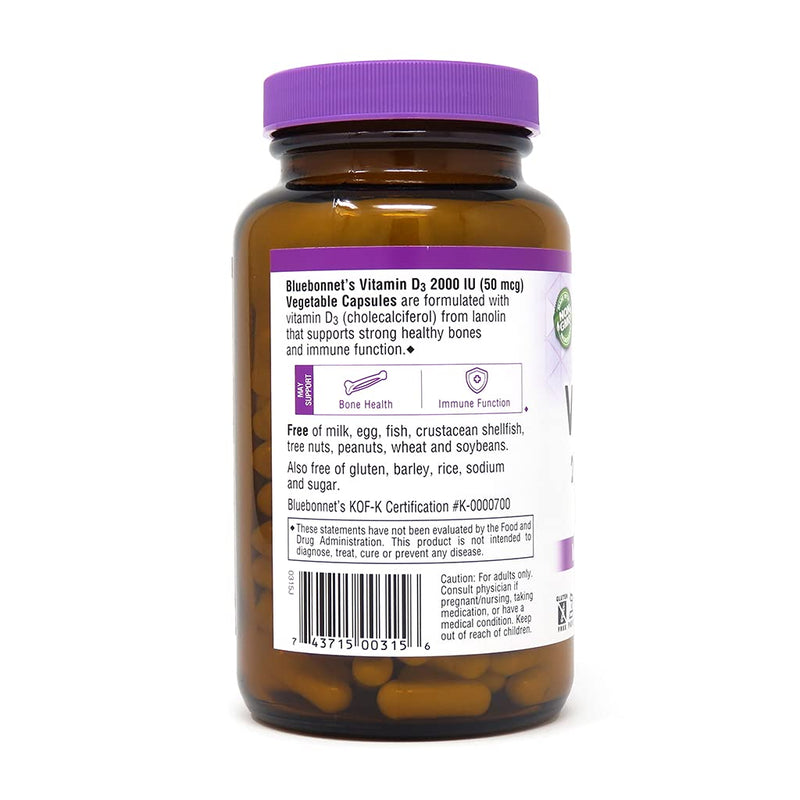 [Australia] - Bluebonnet Nutrition Vitamin D3 2000 IU Vegetable Capsule, Aid in Muscle and Skeletal Growth, Cholecalciferol from Lanolin, D3, Non GMO, Gluten Free, Soy Free, Milk Free, Kosher, 180 Vegetable Capsule 