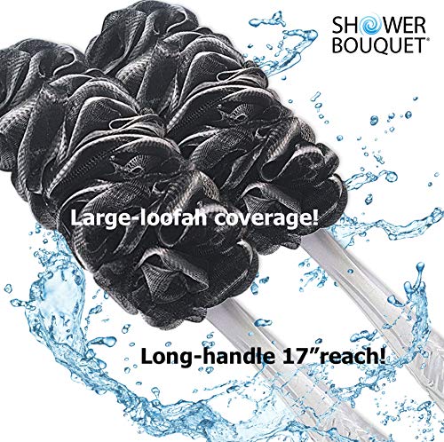 [Australia] - Loofah-Charcoal Back-Scrubbers 2-Pack-by-Shower-Bouquet: Long-Handle Bath-Sponge-Brushes with Extra Large Soft Mesh for Men & Women - Exfoliate with Full Pure Cleanse in Bathing Accessories 