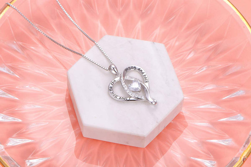 [Australia] - 925 Sterling Silver Jewelry Engraved Love Heart Pendant Necklace Gift for Women Girls Mum I Love You To The Moon and Back 2 