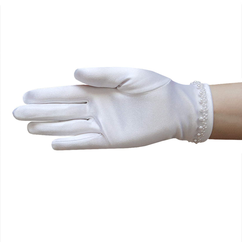 [Australia] - ZAZA BRIDAL Girl's Satin Gloves with pearl bead edging around the Wrist/White White Medium - 8-12yrs 