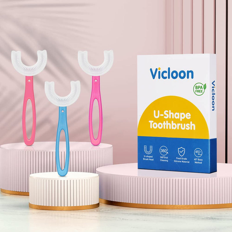 [Australia] - Vicloon U Shaped Toothbrush, 3Pcs Whole Mouth Children's Toothbrush with Soft Silicone Brush Head Gentle for Sensitive Teeth (2-6 Years) Blue+pink+rose Red 