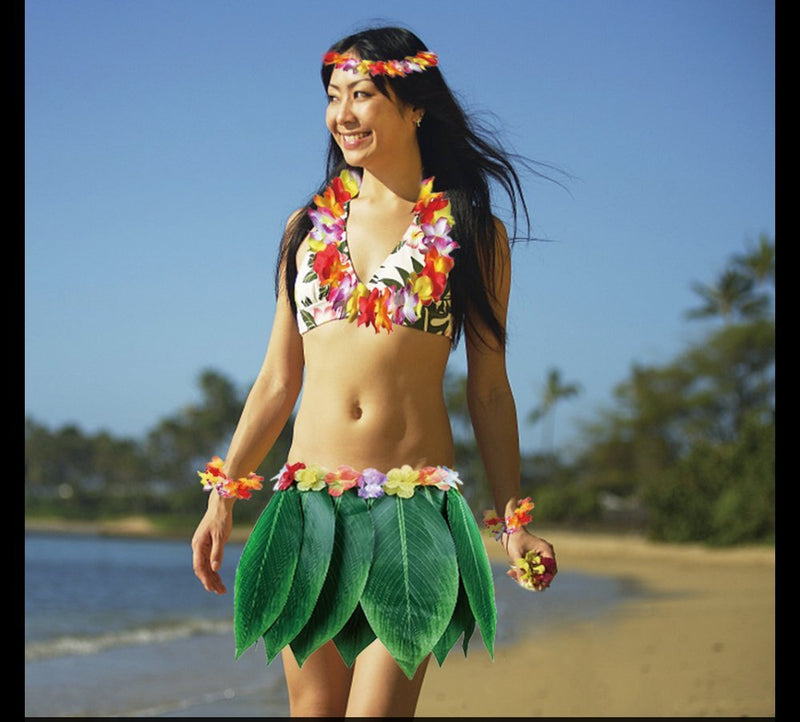 [Australia] - KEFAN Leaf Hula Skirt and Hawaiian Leis Set Grass Skirt with Artificial Hibiscus Flowers for Hula Costume and Beach Party A 