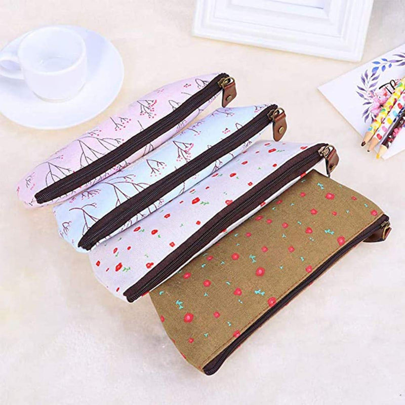 [Australia] - Countryside Flower Floral Cosmetic Makeup Bag Cute Floral Flower Canvas Zipper Pencil Pen Cases, Multi-functional lovely Flower Tree Fabric Coin Purse(4 Pcs) 