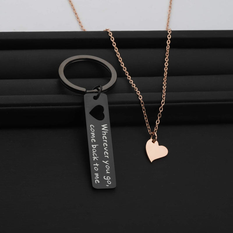 [Australia] - ENSIANTH Boyfriend Gift Wherever You Go Come Back to Me Keychain Moving Away Gift Couples Jewelry College Graduation Gift wherever-black set RG 