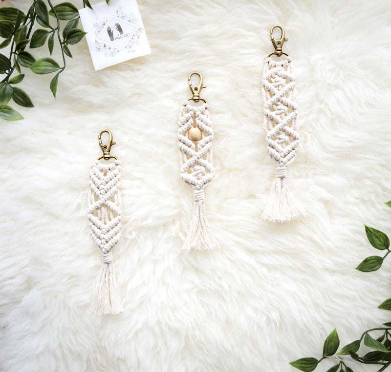 [Australia] - Mkono Mini Macrame Keychains Boho Macrame Bag Charms with Tassels Cute Handcrafted Accessories for Car Key Purse Phone Wallet Unique Gift Party Supplies, Natural White, 3 Pack 