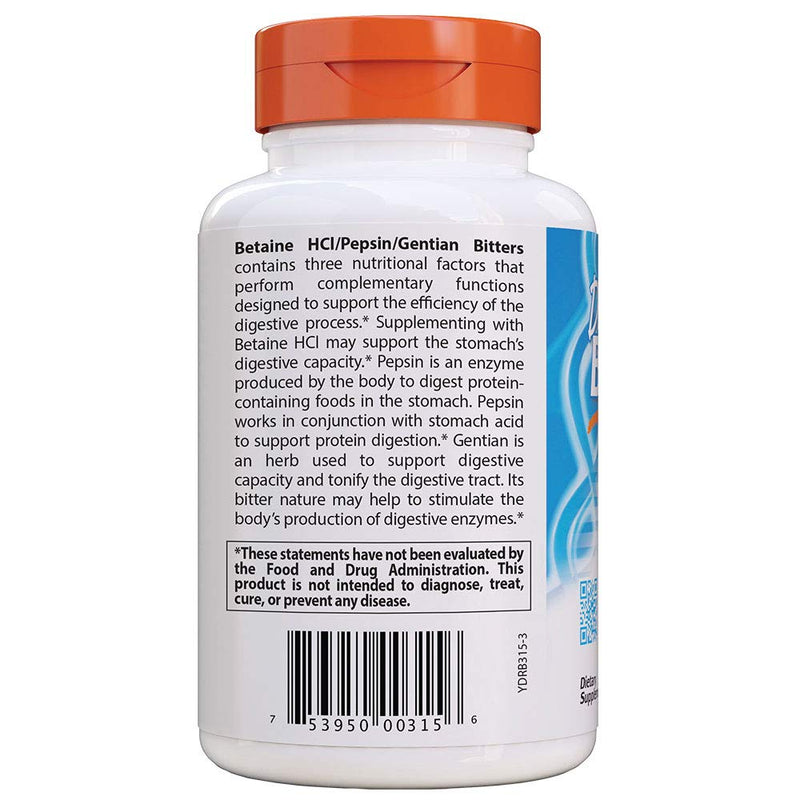 [Australia] - Doctor's Best Betaine HCI Pepsin & Gentian Bitters, Digestive Enzymes for Protein Breakdown & Absorption, Non-GMO, Gluten Free, 360 Count (Pack of 1) 
