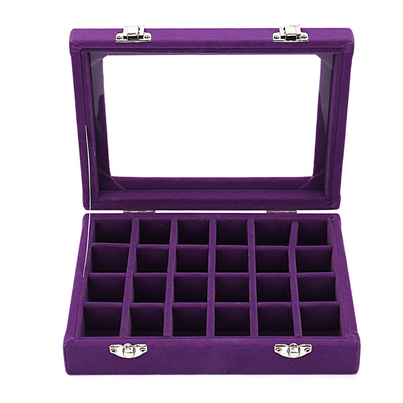 [Australia] - Ivosmart 24 Section Velvet Glass Jewelry Ring Display Organiser Box Tray Holder Earrings Storage Case (Purple) Purple 