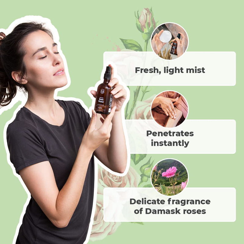 [Australia] - Bionoble Organic Rose Water 100ml - 100% Pure and Natural Damask Rose Hydrolat - Face, Eye Contour, Body, Hair - Glass Bottle + Spray 100 ml (Pack of 1) 