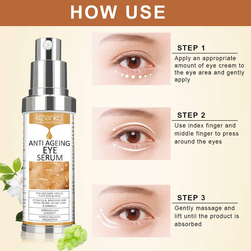 [Australia] - kizenka Eye Serum, Anti Ageing Eye Cream for Dark Wrinkles with Natural Ingredients for Dark Circles, Remove Dark Circles Eye Care Against Puffiness and Bags 