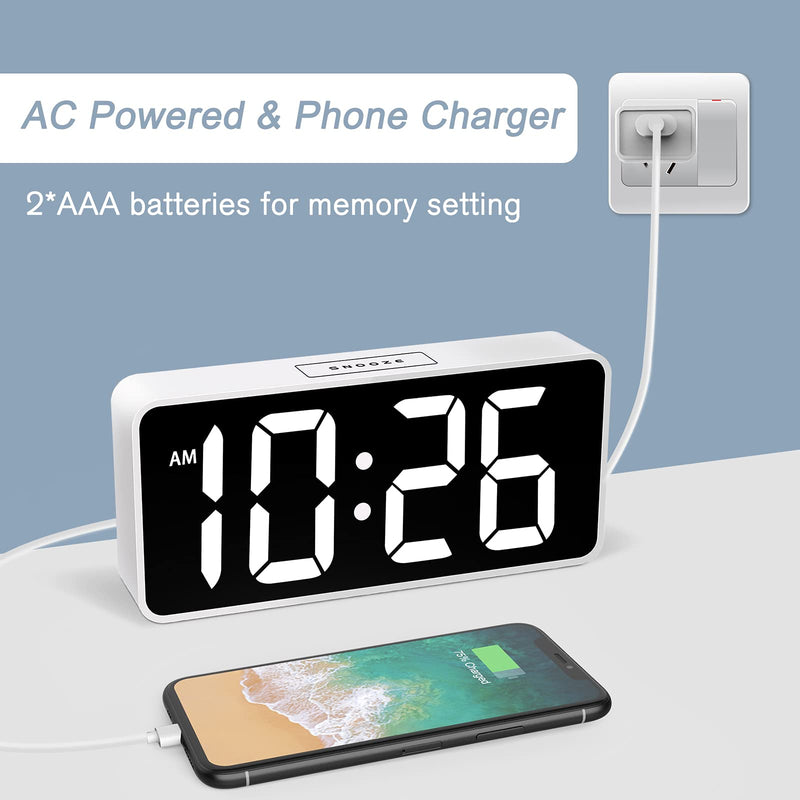 [Australia] - Welgo LED Digital Alarm Clock with USB Charging Port, 0-100% Dimmer, Large Number, AM/PM, White Bold Digits, Snooze, Adjustable Volume, Outlet Powered for Bedroom Bedside(White) 
