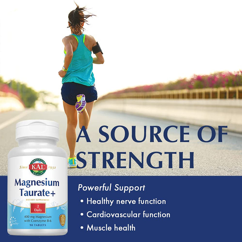 [Australia] - KAL® Magnesium Taurate Plus 400mg w/Coenzyme B6 | Highly Bioavailable, Chelated, Vegan | for Normal Nerve, Muscle Function and Heart Health | 90 Tabs 90 Count (Pack of 1) 