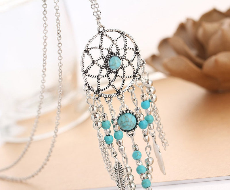 [Australia] - CrazyPiercing Retro Silver Tone Chain Necklace, Vintage Dream Catcher Turquoise Feather Pendant Long Chain Necklace Jewelry for Women Girls 