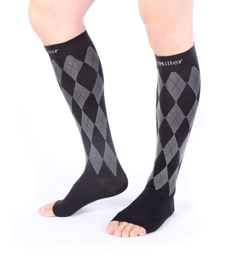 [Australia] - Doc Miller Open Toe Compression Socks Women 20-30mmHg, 1 Pair Toeless Socks for Women and Men - Argyle Design Medium Black.gray Open Toe 