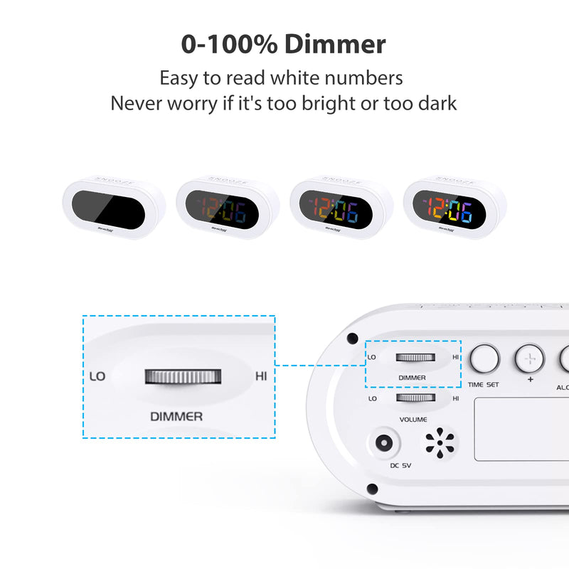 [Australia] - Reacher Small Colorful LED Digital Alarm Clock with Snooze, Simple to Operate, Full Range Brightness Dimmer, Adjustable Alarm Volume, Outlet Powered Compact Clock for Bedrooms, Bedside, Desk, Shelf Colorful Digit 