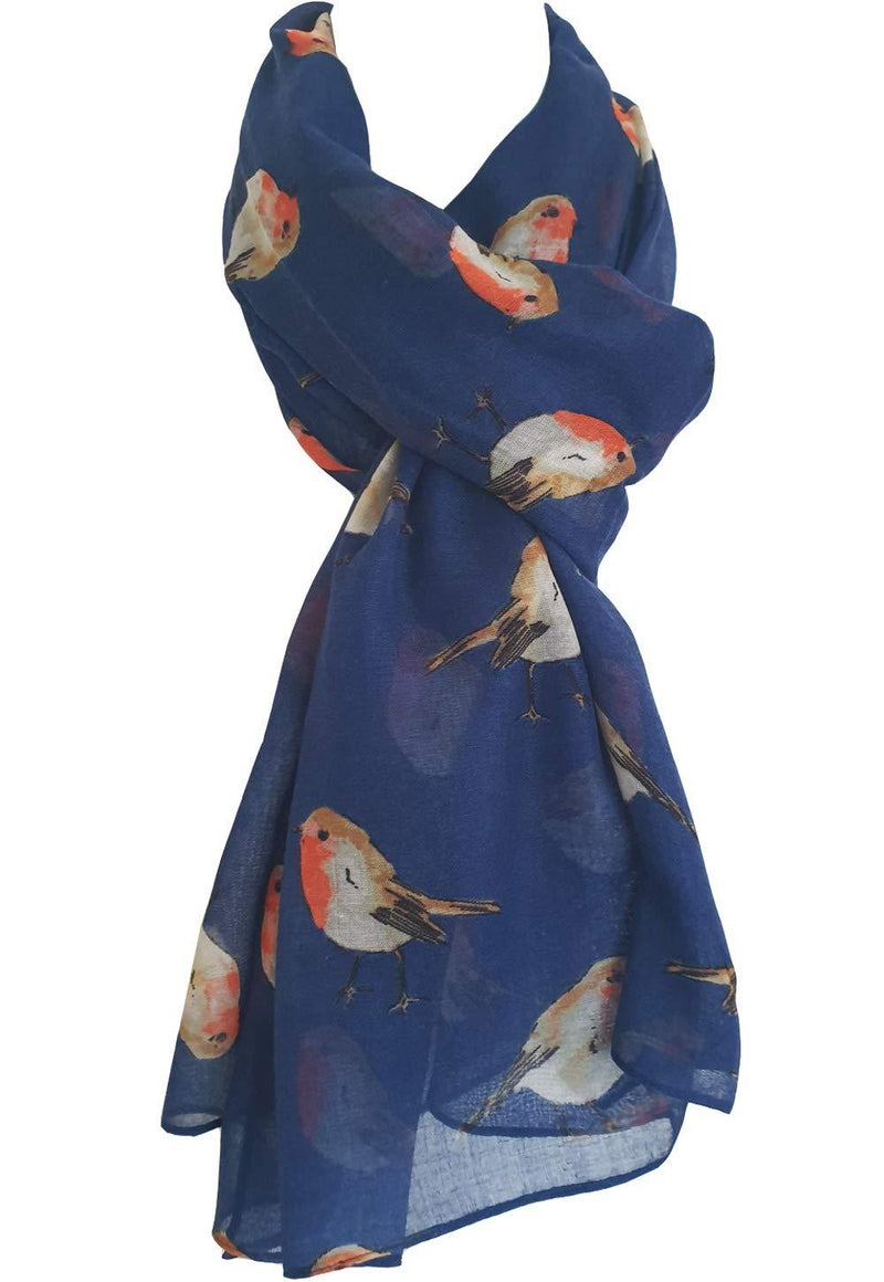 [Australia] - GlamLondon Women's Watercolour Robin Bird Printed Christmas Scarf Blue 