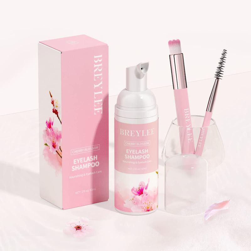 [Australia] - Eyelash Extension Shampoo & Brush + Mascara Wand,Eyelash Shampoo Foaming Cleanser for Professional Salon and Home Care,Wash for Extensions and Natural Lashes, Nourishing Formula（60ml/2fl.oz） Cherry blossom 