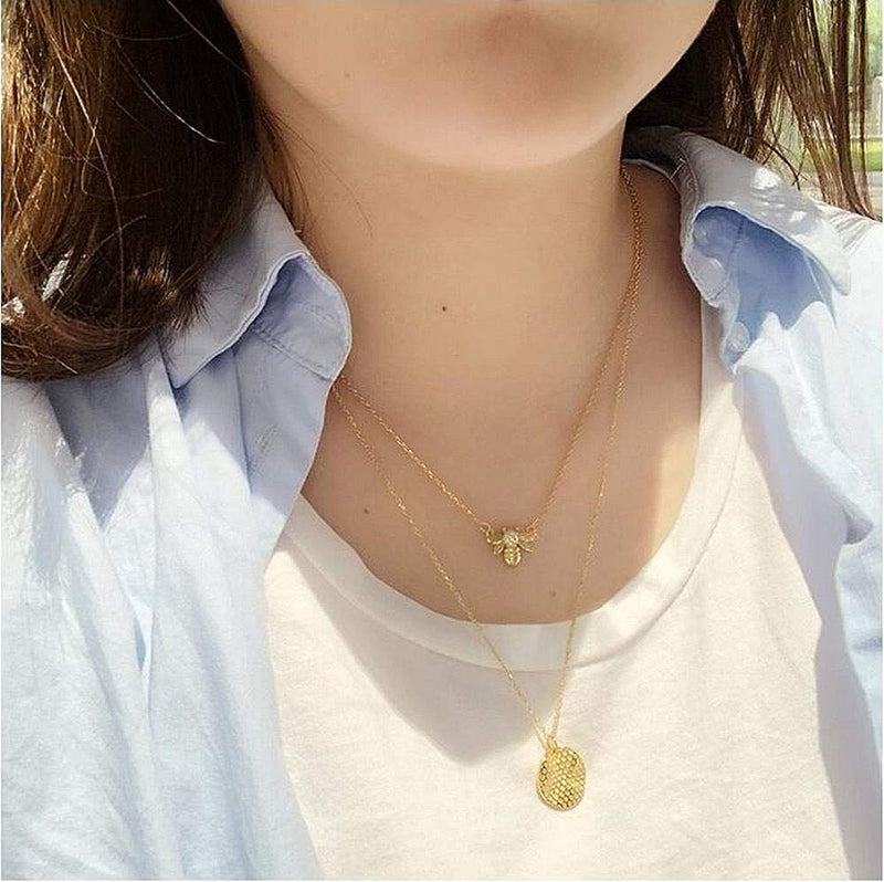 [Australia] - Bee Gold Coin Honeycomb Pendant Choker Necklace for Women Teen Girls S925 Sterling Silver Dainty Crystal CZ Diamond Queen Bee Bumble Bee Hive BFF Necklace Long Chain Cute Animal Charm Jewelry Gift 