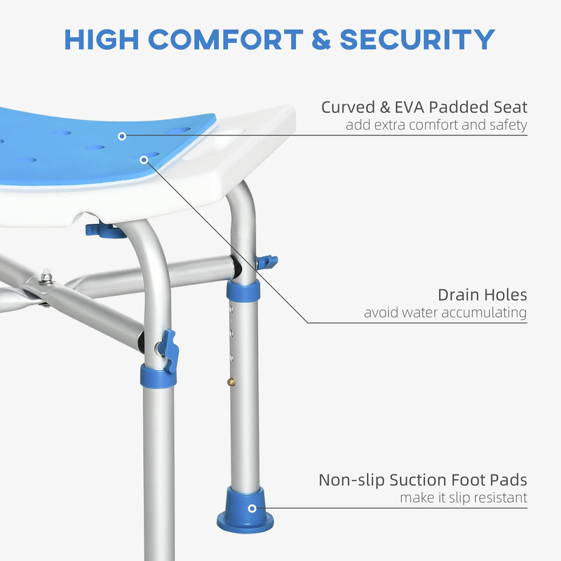 [Australia] - HOMCOM Shower Chair for the Elderly and Disabled, Adjustable Padded Shower Stool with Built-in Handle and Non-slip Suction Foot Pads, Blue 
