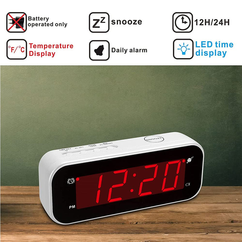 [Australia] - Alarm Clock, LED Time Display with Temperature, 12/24Hr, 3 Level Brightness, Snooze, Battery Powered, Small Portable Clock for Travel, Bedroom, Bedside, Desk, Office, Kids, Elderly White 