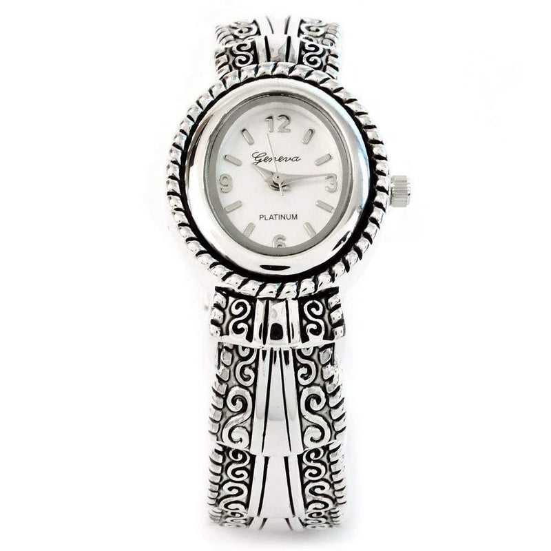 [Australia] - Silver Metal Western Style Decorated Oval Face Women's Bangle Cuff Watch 