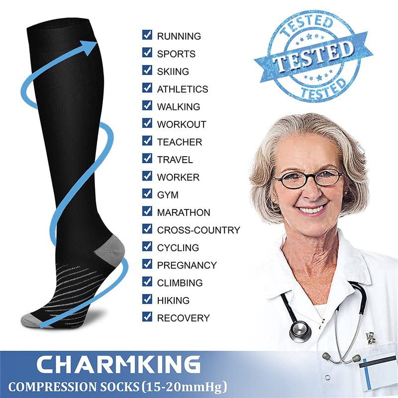 [Australia] - CHARMKING Compression Socks for Women & Men Circulation (8 Pairs)15-20 mmHg is Best Support for Athletic Running,Cycling Large-X-Large 10 Black/Black/Black/Black/Grey 