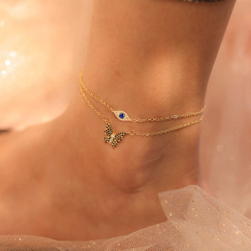 [Australia] - WEARON Blue Evil Eye Anklet Handmade 18k Gold Plated Dainty Boho Beach Cute Ankle Bracelet Adjustable Layered Foot Chain for Women 