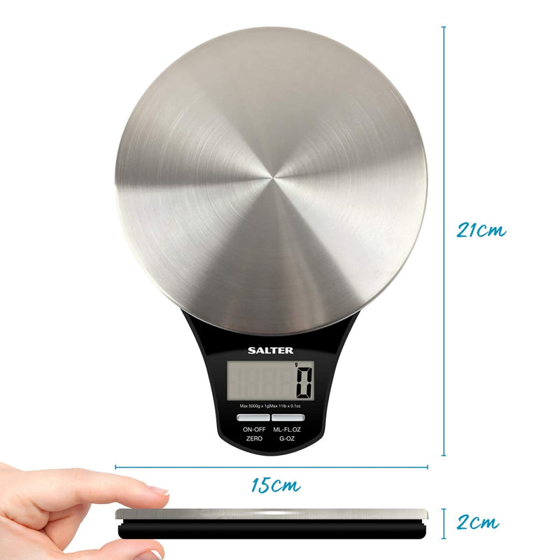 [Australia] - Salter 1035 SSBKDR Electronic Stainless Steel Kitchen Scale, Accurate Weighing up to 5KG, Measures Liquids and Fluids, Add & Weigh Function, Easy View Screen, Black 