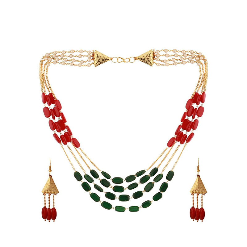 [Australia] - Efulgenz Indian Multi Layered Bollywood Red Green Faux Ruby Emerald Pearl Beads Wedding Bridal Necklace Earrings Jewelry Set Multicolor 