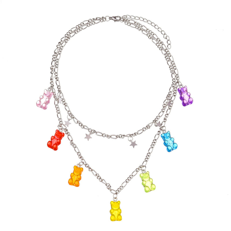 [Australia] - Winwinfly Gummy Bear Necklace Bracelet Earring Set Colorful Multicolor Cartoon Cute Candy Gummy Bear Necklaces Adjustable Multilayer Chain Necklace for Women Girls 