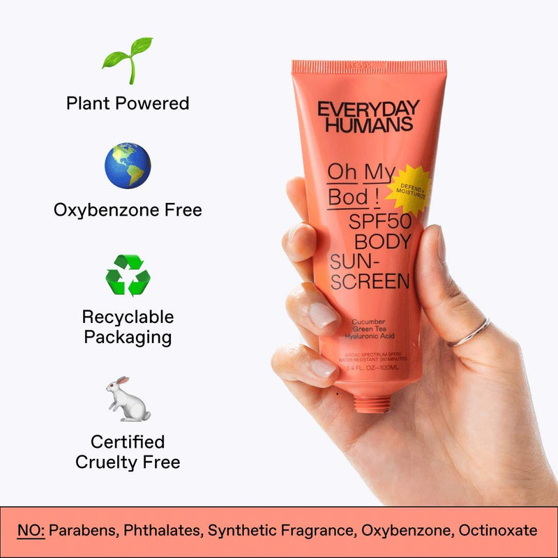 [Australia] - Everyday Humans Oh My Bod! SPF50 Body Sunscreen | Dry Touch Body Sunscreen with Hyaluronic Acid | Lightweight, No White Cast, Water Resistant for Sports, Cruelty Free | 3.4 oz 