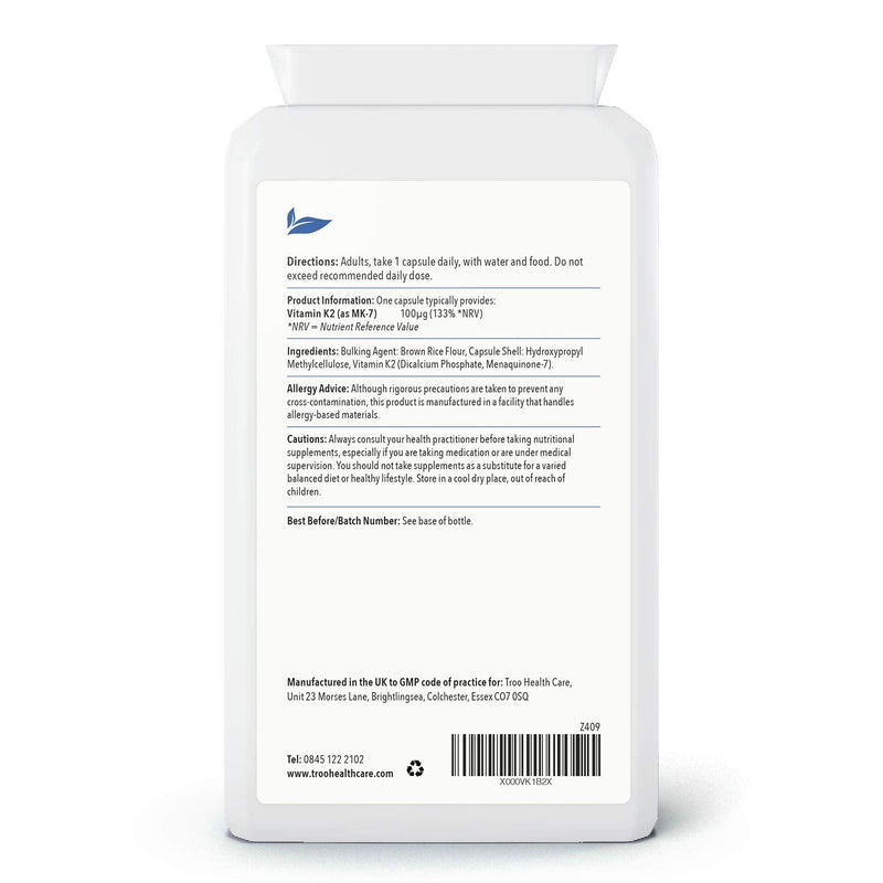 [Australia] - Troo Vitamin K2 MK-7 100mcg 120 Capsules - Highly Bioactive Vit K2 Bone Support Supplement Using MK7 - Easy Swallow - Suitable for Vegans - 4 Month Supply 