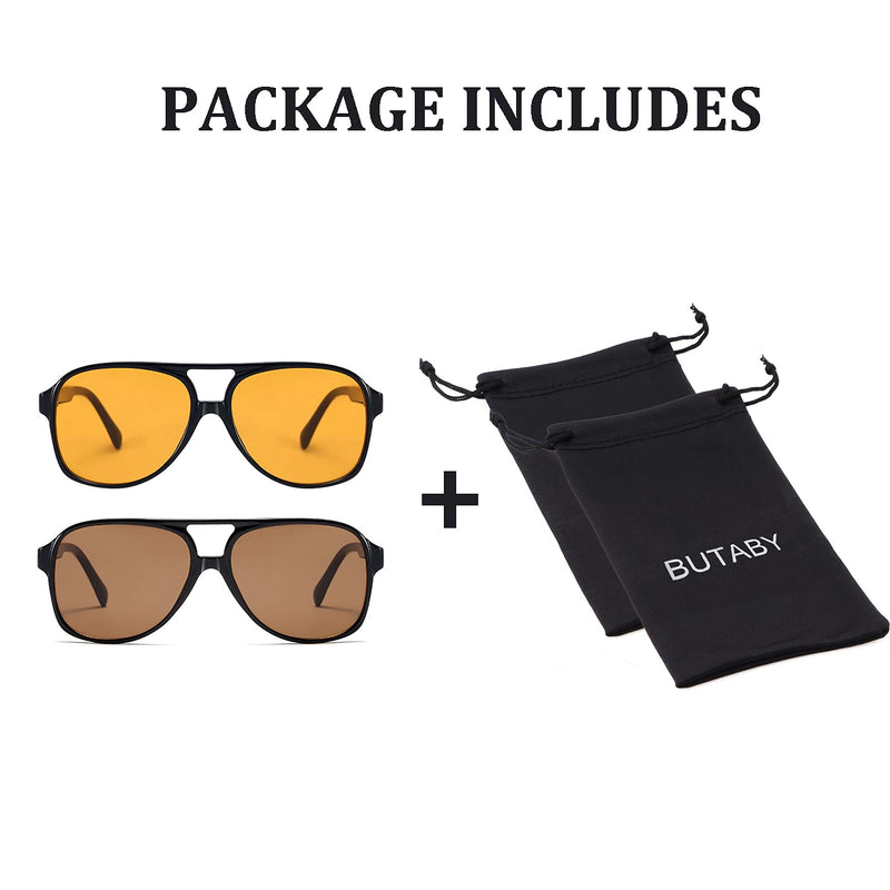 [Australia] - BUTABY Vintage Aviator Sunglasses for Women Men Retro 70s Glasses Classic Large Squared Frame UV400 Protection Black Frame Yellow Lens+black Frame Brown Lens 