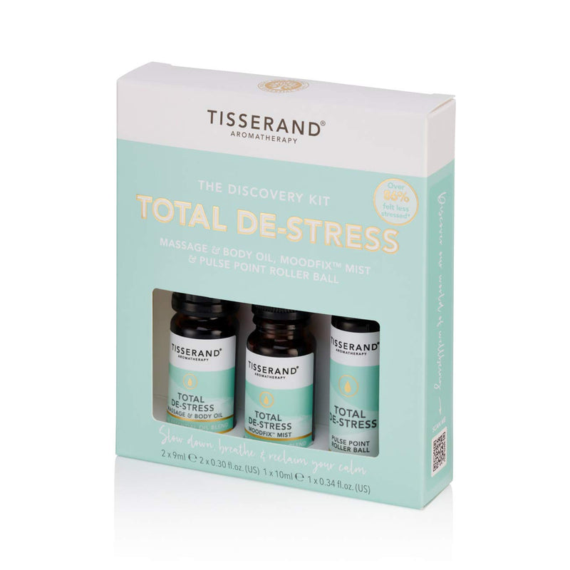 [Australia] - Tisserand Aromatherapy - Total De-Stress Discovery Kit - Roller Ball, Massage & Body Oil & MoodFix Mist - 100% Natural Pure Essential Oils - 2x9ml, 1x10ml 