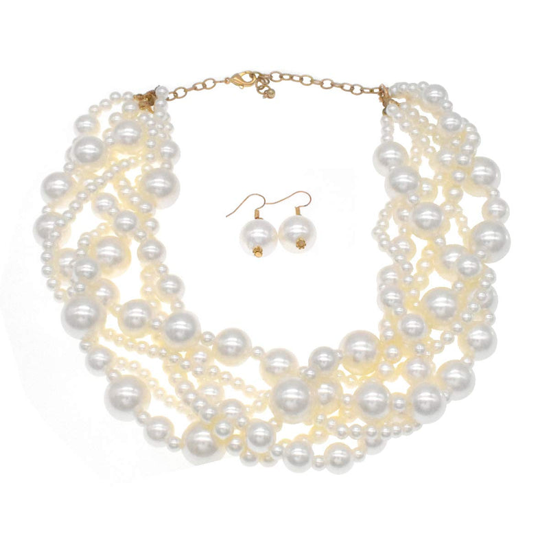 [Australia] - JNF Large Pearl Necklace Set Multi Layer Pearl Strand Costume Jewelry Sets Pearl Statement Necklace Bracelet and Earrings for Women White 