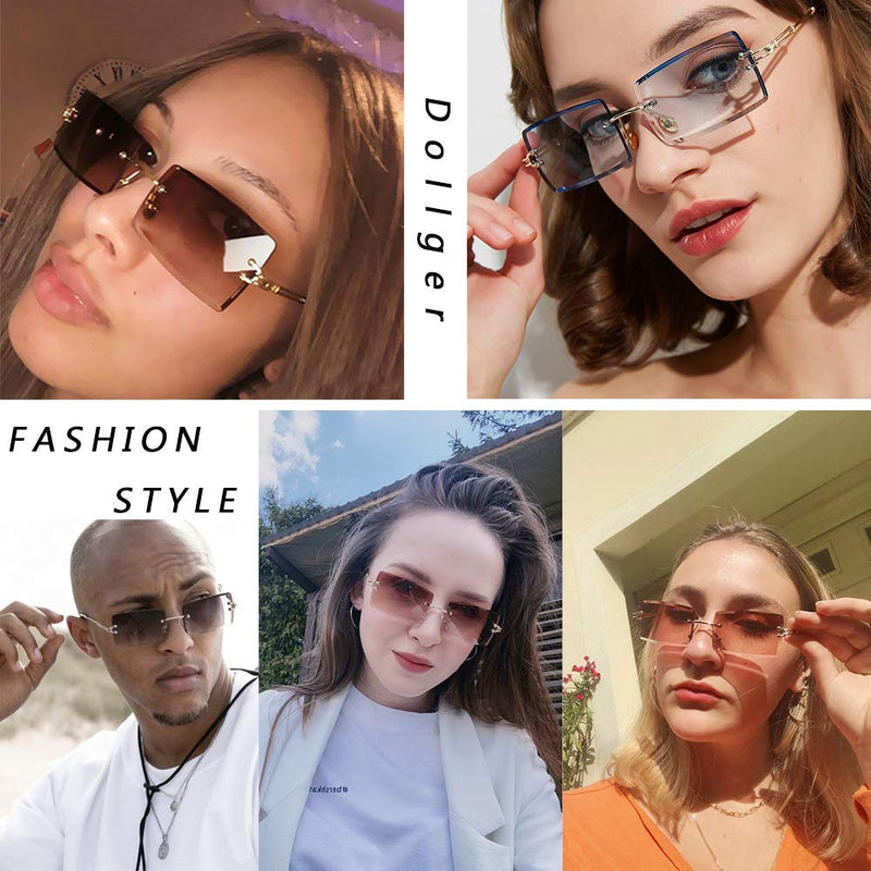 [Australia] - Dollger Rimless Rectangle Sunglasses for Women Fashion Frameless Square Glasses for Men Ultralight UV400 Eyewear Unisex 2pcs: Tea+black 