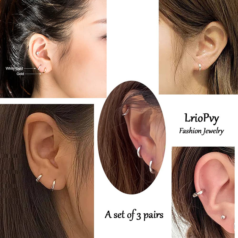 [Australia] - LrioPvy 3 Pairs Small Hoop Earrings 14K Gold Plated Huggie Hoop Earrings Tiny Hypoallergenic Cartilage Earrings Gold Hoop Earrings for Women Men White Gold Ear Piercing Jewelry 8mm 10mm 12mm 1# White Gold 3pairs *8mm 