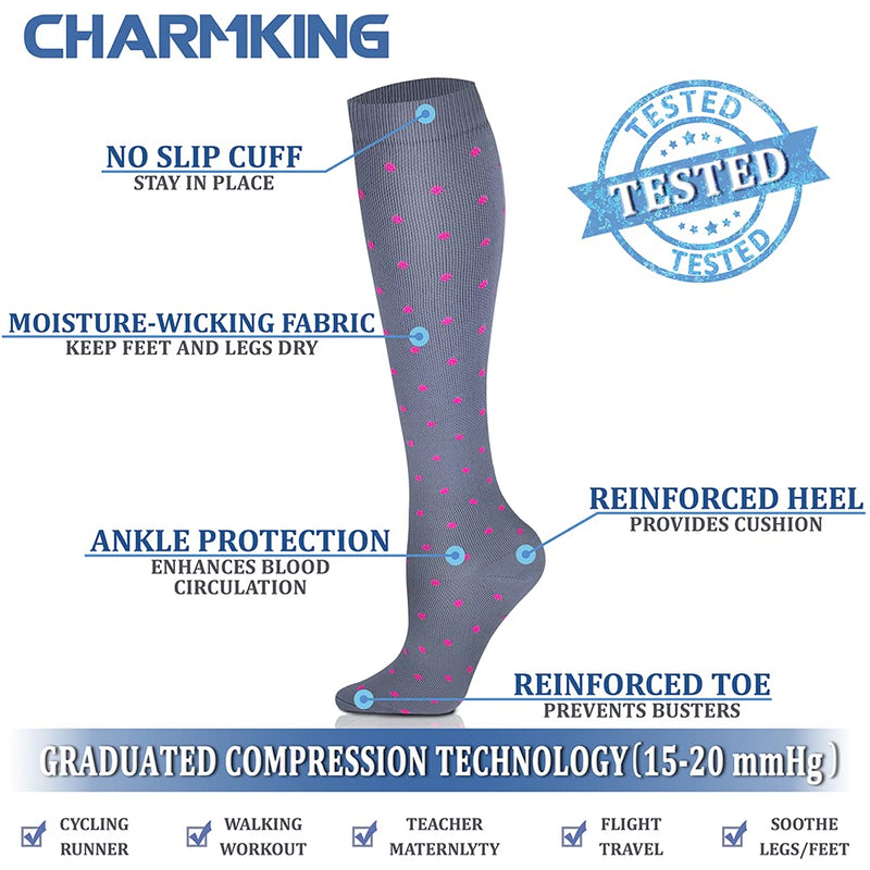 [Australia] - CHARMKING Compression Socks for Women & Men (6 Pairs) 15-20 mmHg is Best for Athletics, Running, Flight Travel, Support Small-Medium 01 Black/Black/Black/Black/Pink/Grey 