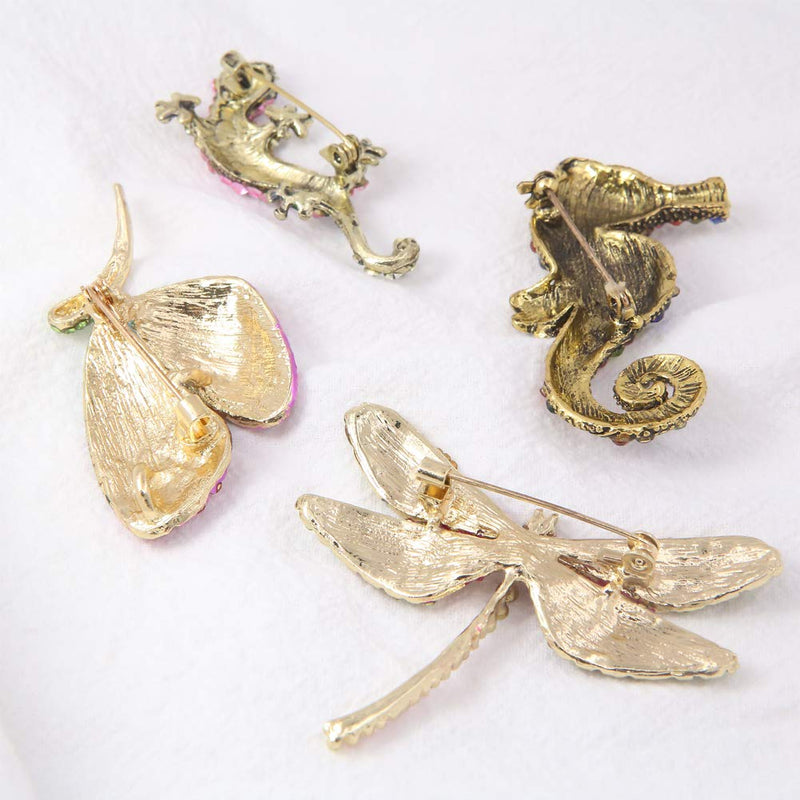[Australia] - 4 Pieces Fashion Colorful Enamel Brooch Pins Animals Brooch Pins Crystal Rhinestone Butterfly Seahorse Dragonfly Lizard Brooch Pins for for Women Ladies Jewelry 