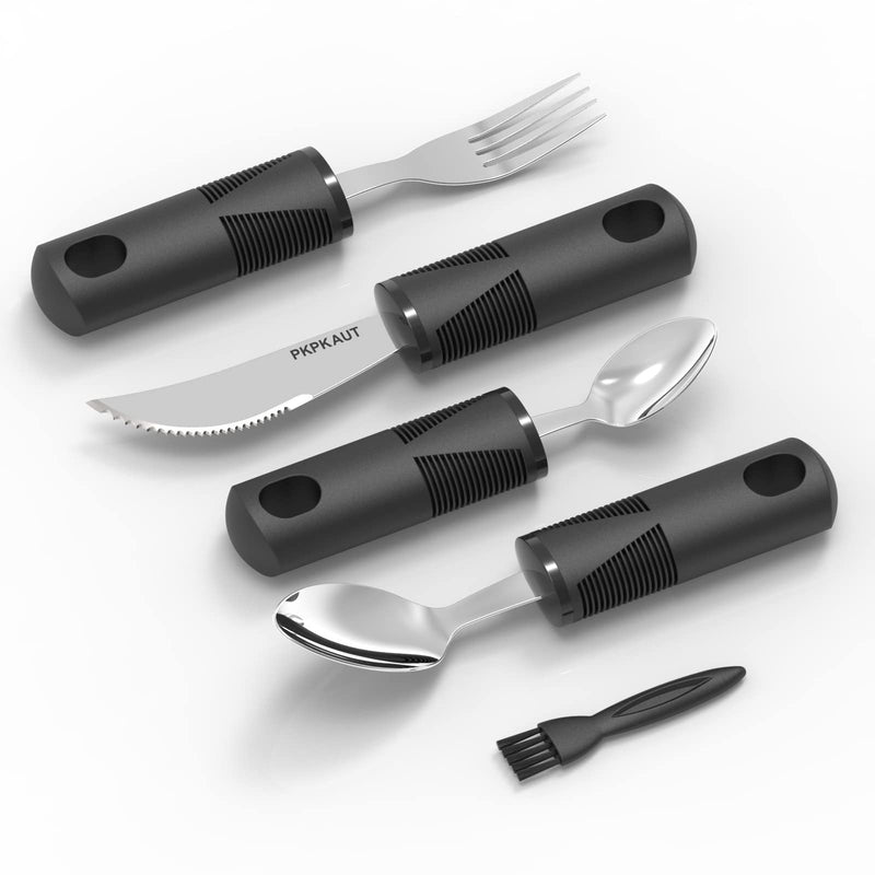[Australia] - PKPKAUT Medium Weighted Utensils for Hand Tremors Silverware Set, Adaptive Utensils for Parkinsons Patients Arthritic Hands, Built Up Handicap Parkinsons Utensils for Adults Elderly Disabled People 4-Pcs Tote Bag 