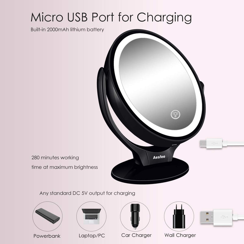 [Australia] - Aesfee LED Lighted Makeup Vanity Mirror Rechargeable,1x/7x Magnification Double Sided 360 Degree Swivel Magnifying Mirror with Dimmable Touch Screen, Portable Tabletop Illuminated Mirrors - Black 