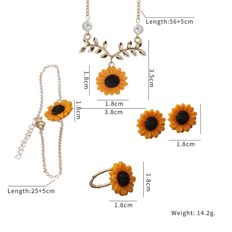 [Australia] - Set of 5 Sunflower Faux Pearl Leaf Chain Resin Boho Petal Pendant Necklace with Sunflower Bracelet Earrings Ring for Women Jewelry Accessories (Gold) Gold 
