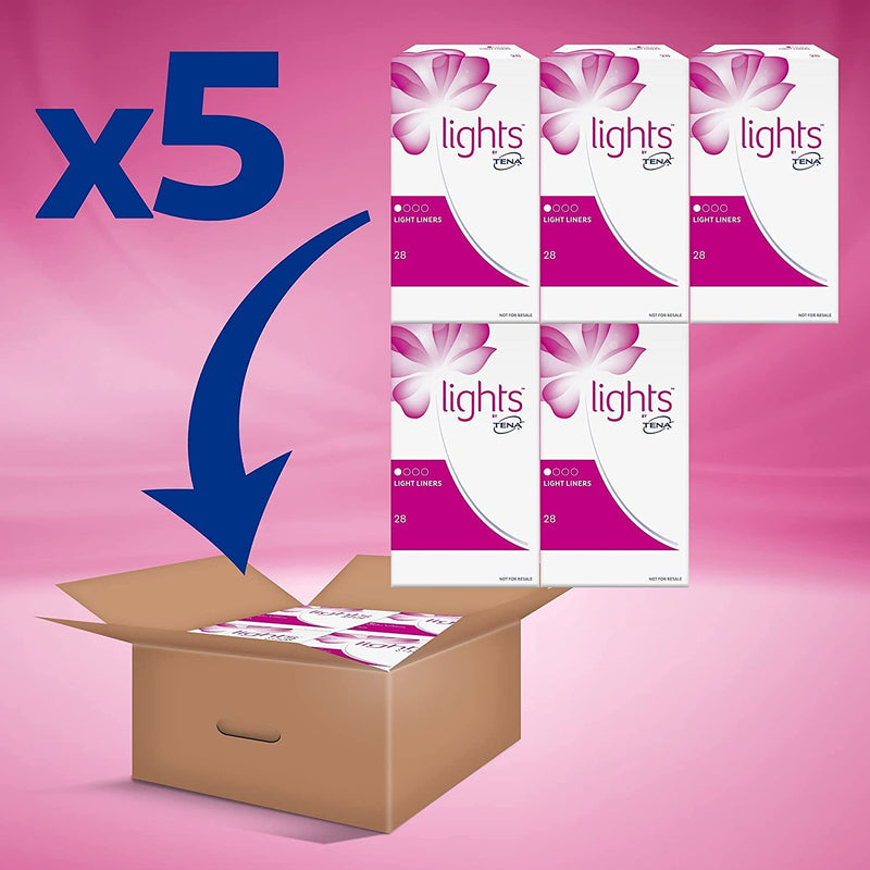 [Australia] - TENA Lights Light Liner, 140 Incontinence Liners ( 28 x 5 packs) for Women with Sensitive Skin, Breathable and Unscented Liner for Light Bladder Weakness and Incontinence 28 Count (Pack of 5) 