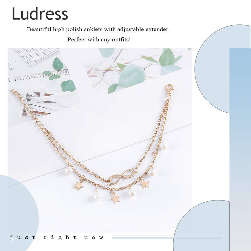 [Australia] - Ludress Boho Layered Anklets Gold Star Ankle Chain Pearl Ankle Bracelet Tassel Foot Chain Jewelry Accessories for Women and Girls 