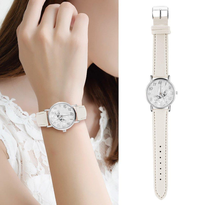 [Australia] - Women Quartz Watch Female Analog Round Wristwatches PU Leather Strap Fashion Simple Butterfly Design Wrist Watch(White) White 