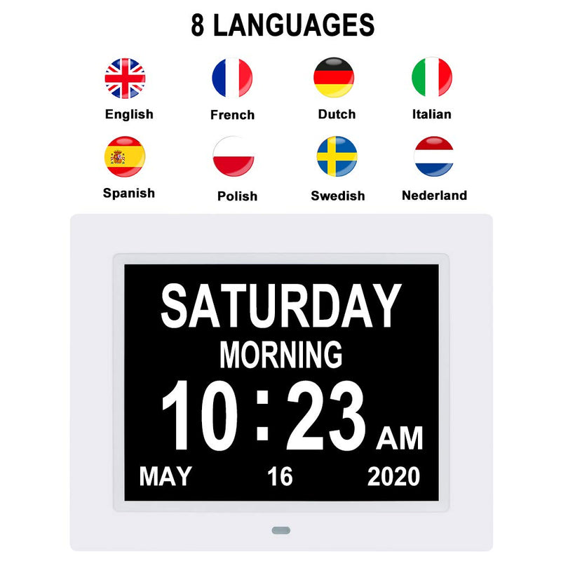 [Australia] - LaMi 2022 【Upgraded】 8 Inch Digital Date Day and Time of Week Clock -8 Alarm Reminders,AM/PM ,Dementia Clocks with Extra Large Non-Abbreviated Day&Month for Seniors, Memory Loss, Alzheimer's ( White) 