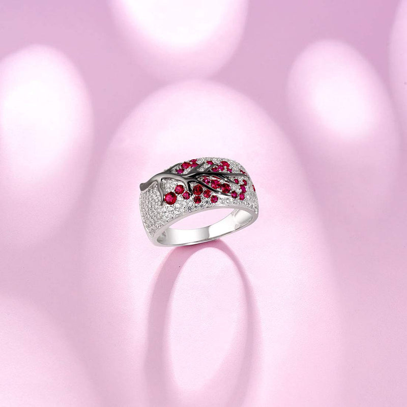 [Australia] - Santuzza 925 Sterling Silver Cherry Tree Ring White Cubic Zirconia Branches Ring Fashion Jewelry for Women (Created Ruby/Green Spinel) Created Ruby 5.5 